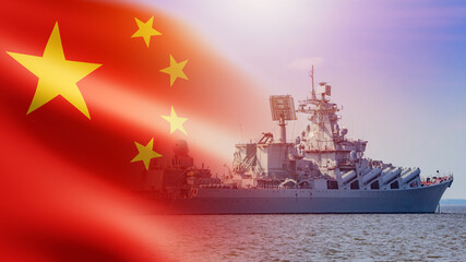 Flotilla China. Ship on sunny day. Cruiser on background of Chinese flag. Chinese warship with missiles and radars. Fleet of People's Republic of China. Naval forces of PRC. Missile cruiser at sea