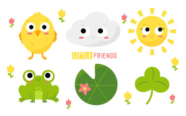 Fototapeta premium Children's print. Set with chicken, frog, cloud, clover and sun, little friends 
