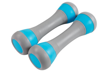 a pair of dumbbells with turquoise inserts, in a plastic sheath, on a white background