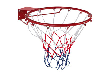 Fototapeta na wymiar red new basketball hoop with tricolor mesh, on white background