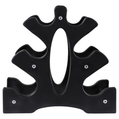plastic rack for three pairs of dumbbells, frontal position, on a white background