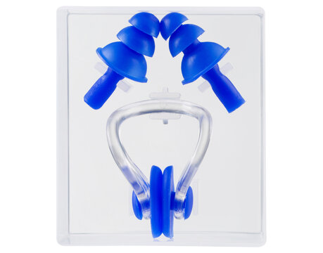 nose clip and blue earplugs in a plastic box, swimming set, on a white background