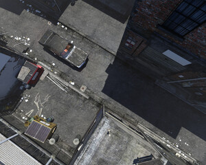 Vintage 1970s muscle car on the street in an abandoned and derelict industrial area. Top view. 3D rendering