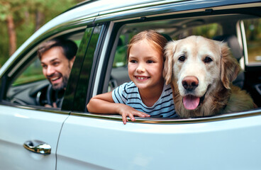 A cute little girl child with her friend dog labrador and parents go to the weekend cheerfully...