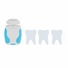 Dental floss and tooth, color vector isolated illustration on a white background, doodle