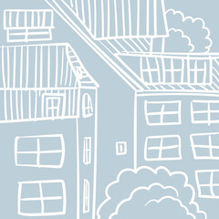 Hand drawn buildings in city in doodle style, Vector illustration white lines