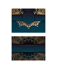 Greeting Brochure template with gradient blue color with vintage gold pattern prepared for typography.