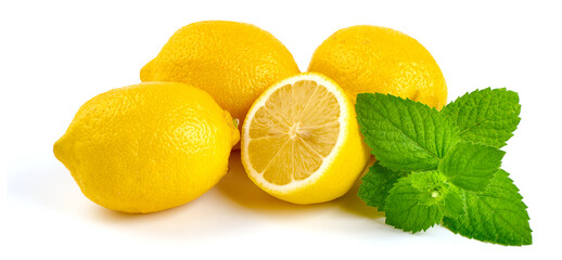 Fresh lemons with half, isolated on white background.