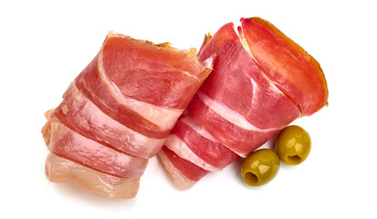 Sliced prosciutto isolated on white background.