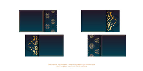 Naklejka na ściany i meble Gradient blue business card with vintage gold pattern for your personality.