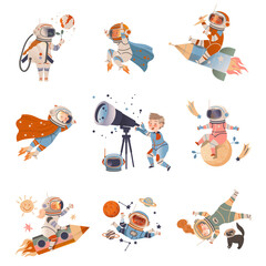 Boys and girls astronauts flying in space set. Design element can be used for children print, books, stickers, posters vector illustration © Happypictures