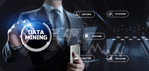 Big data information technology concept. Businessman pressing button on screen.