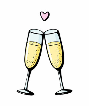 Vector doodle hand drawn illustration of two champagne glasses couple love drink cheers wineglasses sparkling wine on white background. Valentines day greeting card, anniversary celebration poster