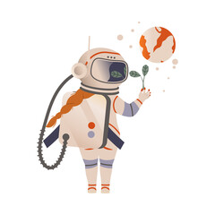 Cute girl astronaut in space suit examining green plant. Design element can be used for children print, books, stickers, posters vector illustration