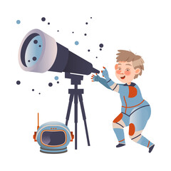 Cute boy astronaut looking at stars in using telescope. Design element can be used for children print, books, stickers, posters vector illustration