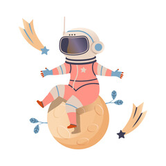 Cute boy astronaut in space suit sitting on planet. Design element can be used for children print, books, stickers, posters vector illustration
