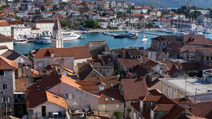 Fototapeta na wymiar Panoramic view of Trogir old town, UNESCO heritage site, shot from the bell tower os Saint Leonard Cathedral