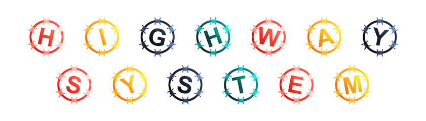 Highway System - text written in colorful circles on white background