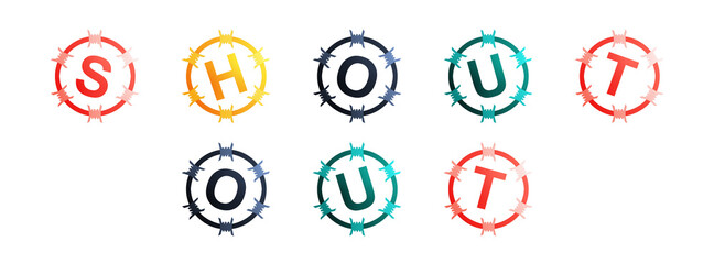 Shout Out - text written in colorful circles on white background