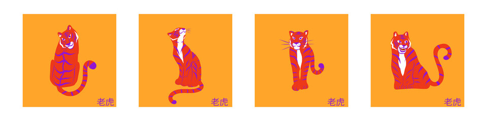 Set of hand drawn cards with tigers.Symbol of the new year.