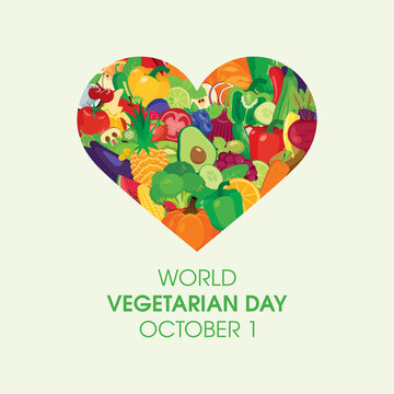 World Vegetarian Day Poster with heart shape of fruits and vegetables vector. Healthy lifestyle symbol vector. Heart shape by various vegetables and fruits icon. Vegetarian Day Poster, October 1