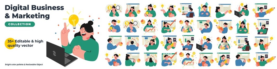 Digital business and marketing vector character mega set bundle. Collection of a man and woman building a digital business and marketing. Vector set illustration bundle collection