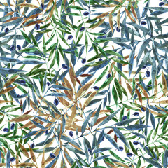 Seamless pattern of scattered branches of an olive tree with berries. Colorful texture for any kind of design. Graphic abstract background. You can use a bright summer print for your design.