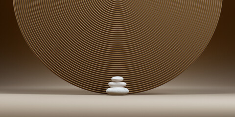 japanese style minimal abstract background .zen garden and podium with brown background for product presentation. 3d rendering illustration.
