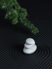 japanese style minimal abstract background .zen garden and stone balance with black sand background. for cosmetic and product presentation. 3d rendering illustration.