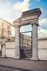 Ancient Roman Amphitheater (Anfiteatro Romano) and Church San Biagio in Piazza Stesicoro in...