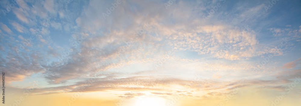 Wall mural sunlight, clouds and pastel blue sky background, panoramic angle view sky white cloud and bright sun