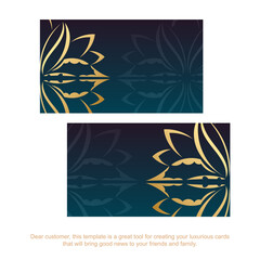 Gradient blue business card with greek gold pattern for your contacts.