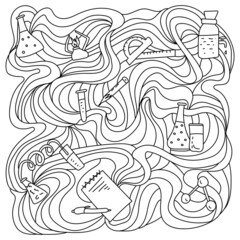 Intricate meditative science coloring book, school and science supplies between tangled lines