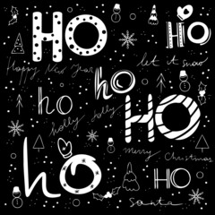 Christmas and happy New Year vector pattern with ho ho ho text on red background. Black and white.