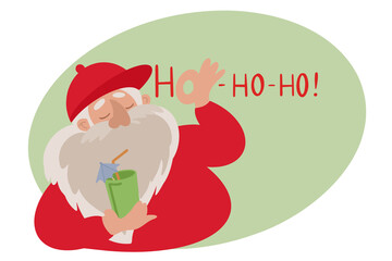 Vector illustration of relaxed funny Santa with coctail and ho ho ho text.