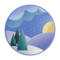 Fototapeta na wymiar Vector illustration of winter evening forest with moon, clouds and snow.