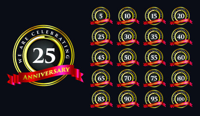 Set of anniversary birthday years milestone completion celebration round emblem flower style badge  template design with celebration event Premium Vector