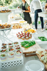 Buffet table of reception with cold snacks, meat and salads