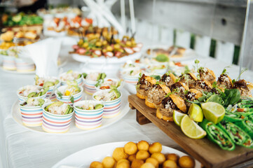 Buffet table of reception with cold snacks, meat and salads
