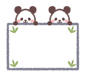 双子のパンダと笹の葉のフレーム