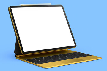 Computer tablet with gold keyboard and blank screen isolated on blue background.