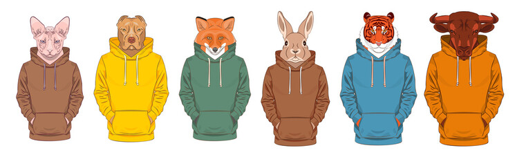 Set of illustrations of anthropomorphic animals wearing hoodies. Cat, dog, fox, rabbit, tiger, bull. Vector illustration in line art style. Print for T-shirts, stationery.