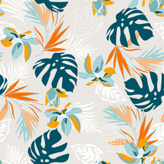 Fototapeta na wymiar Seamless illustration pattern of tropical leaves, dense junglecolors. Banner with tropic summertime motif for texture, wrapping paper, textile or wallpaper design