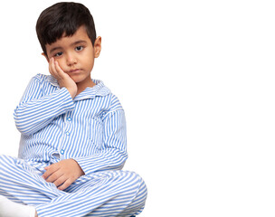 Boy having a toothache holding his face with his hand. white background.