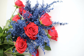greeting card design. beautiful bouquet of blue flowers on a white background. congratulation. invitation 