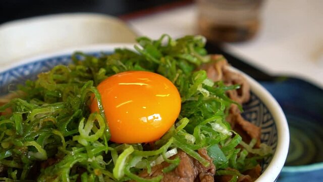 Gyudon or strip beefs with a lots of onion leeks and toppes with fresh egg yolk