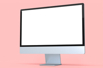 Realistic grey computer screen display with keyboard and mouse isolated on pink