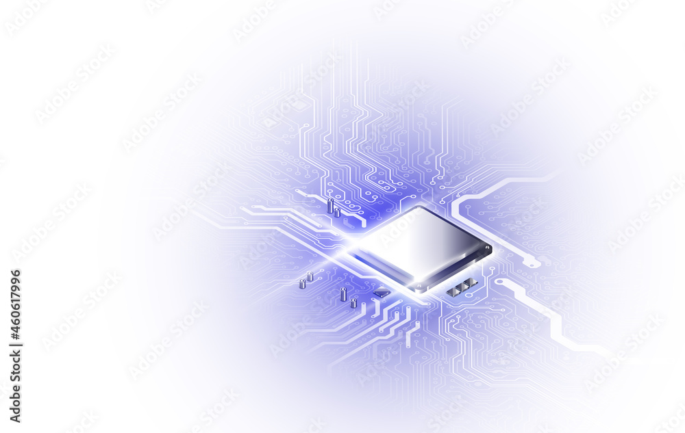 Poster abstract technology chip processor background circuit board and html code,3d illustration blue techn