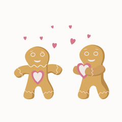 A pair of gingerbread men with hearts. Festive cookies. Design elements for Christmas, New Year, Valentine's Day. Vector illustration with isolated background.