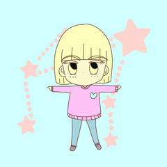 Cute girl in pink long sleeve sweater and gray long legging pants with blond short hair style  on the star zodiac sign Libra background. Hand drawn illustration.